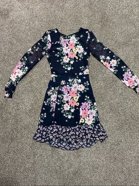 Navy Floral Long Sleeve Fit & Flare Dress - Pink & Green Blooms OPEN BACK